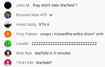 Starfield fans cope in the YouTube chat