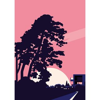 Sunset illustration with tree and architecture silhouettes by Le Duo