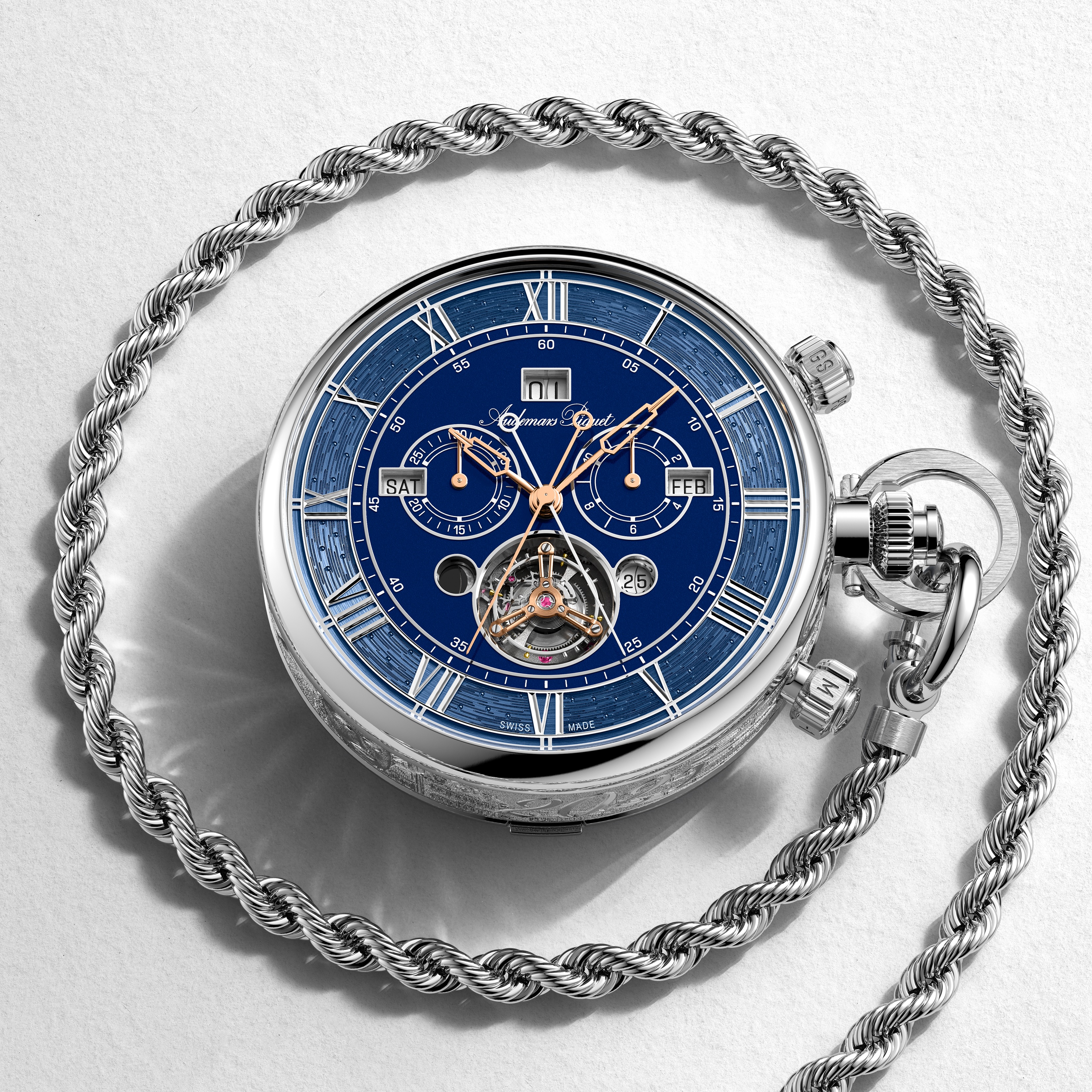 Steel pocket watch with a navy dial
