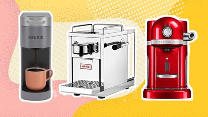 A pink and yellow graphic with a selection of three coffee makers from Keurig, Grind and KitchenAid