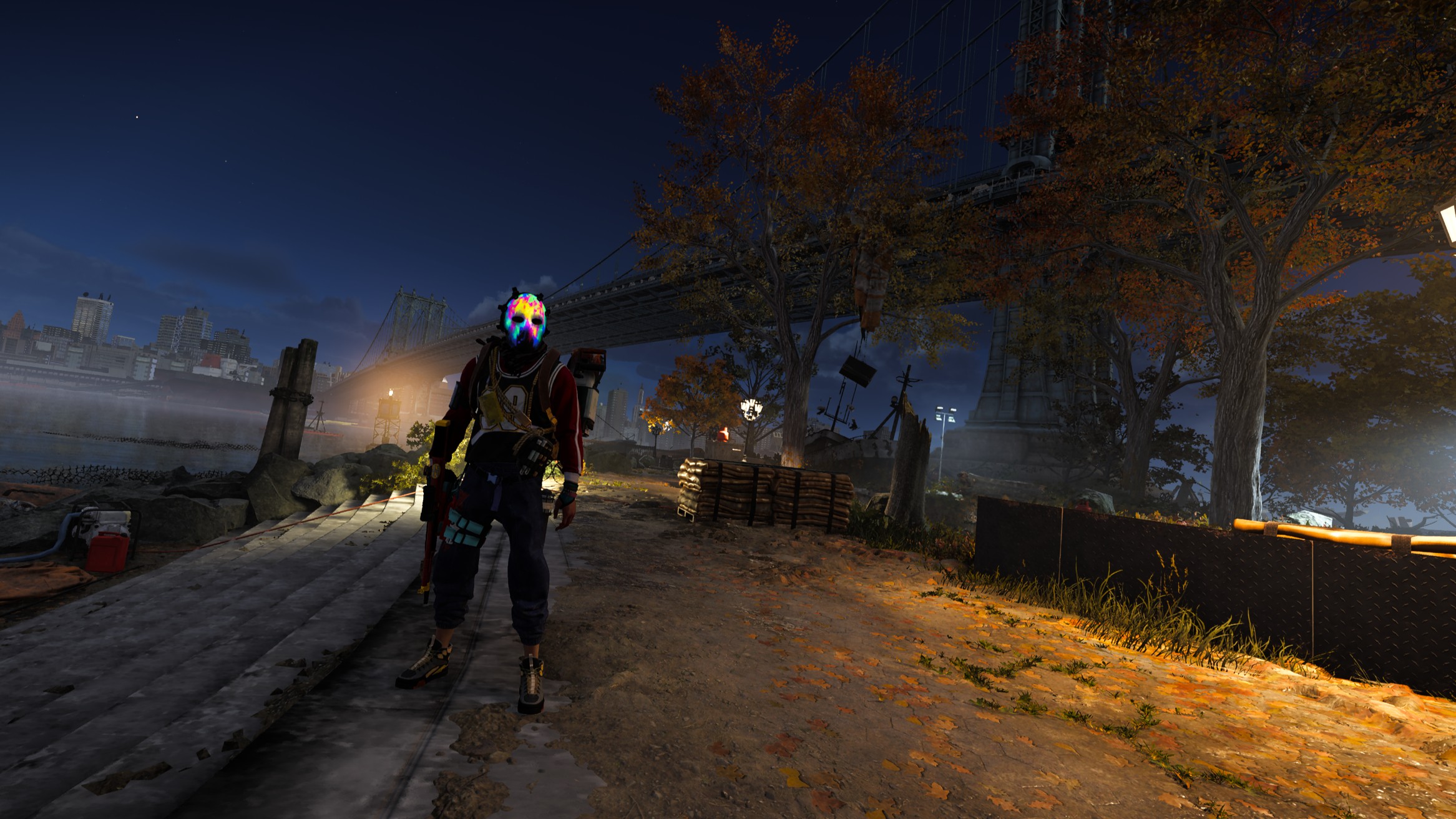 An agent in The Division 2 Battle for Brooklyn with the bridge in the background. 
