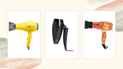 Collage of three of the best travel hair dryers featured in this guide by Drybar, ghd, and Amika