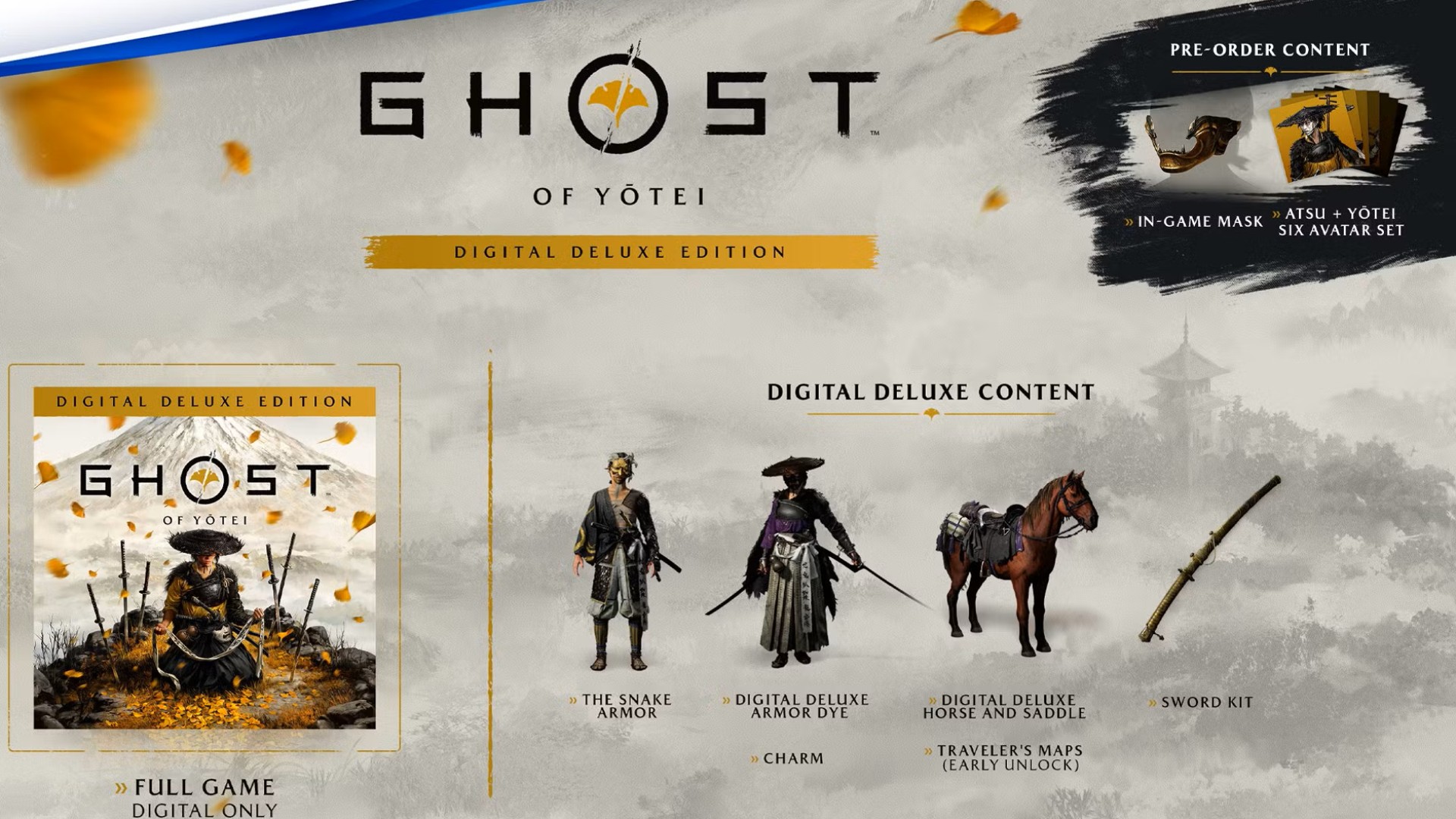 Ghost of Yotei Digital Deluxe Edition graphic showing in-game pre-order bonuses