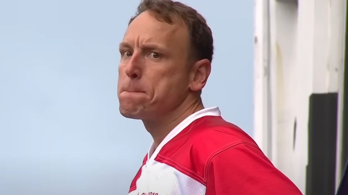 Joey Chestnut looking intimidating during the 2023 Nathan&#039;s Hot Dog Eating Contest