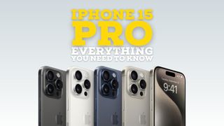iPhone 15 Pro in all four colours on grey background with yellow text