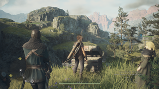 Dragon's Dogma 2 screenshot of archer character standing in open world with pawns by her side