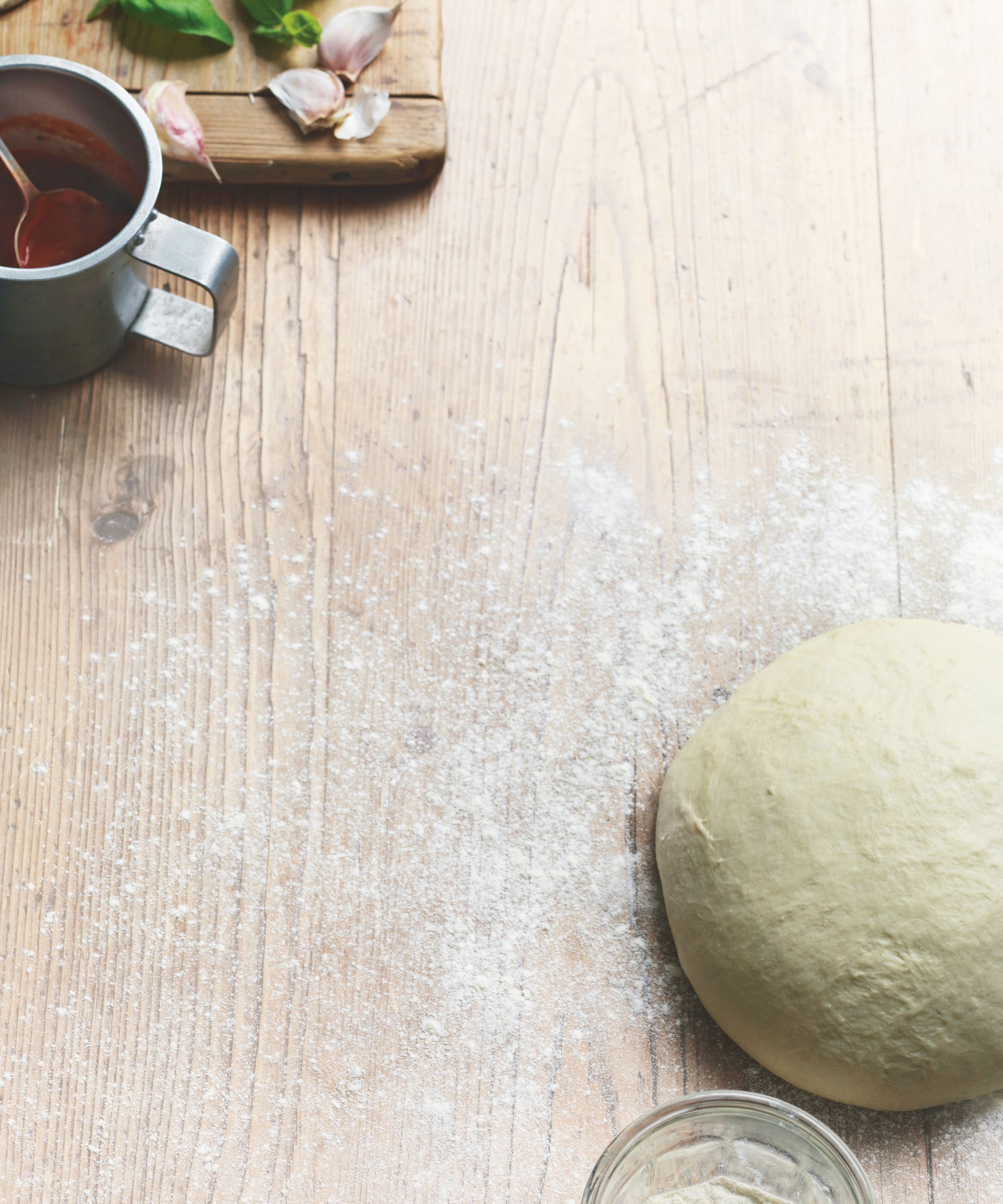 Dough, tomato sauce
