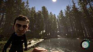 Sons of the Forest - Kelvin, with his enormous head, is looking at the camera. He's standing next to a lake in a forest