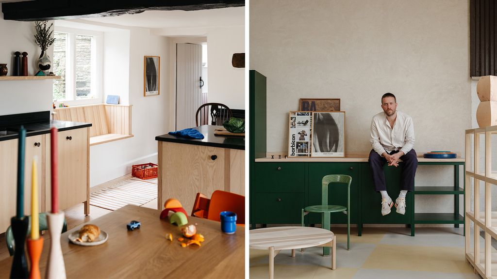 Kitchen interior and a man sat on a bench 