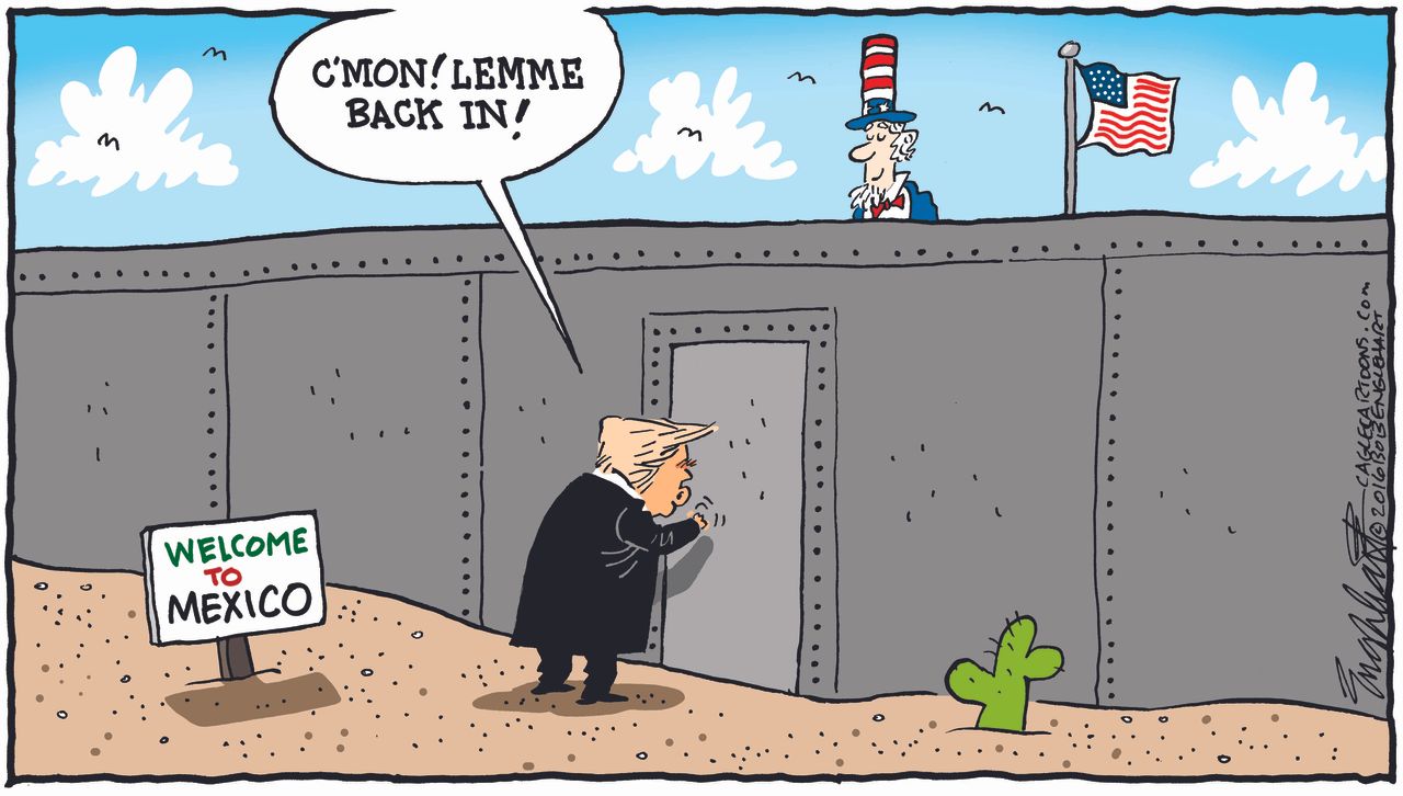 Political Cartoon U.S. election 2016 Donald Trump at Border