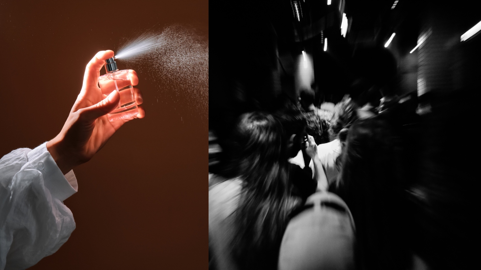 an arm in a white peasant blouse spraying perfume next to a black and white photo of a party with lots of people