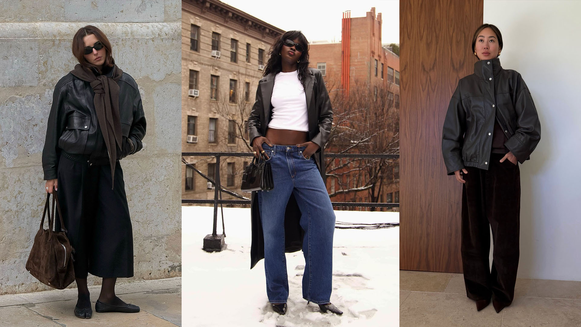 Women wearing leather jackets and tailored pants.