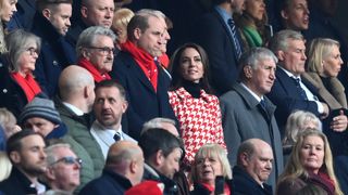 Gerald Davies, President of the Welsh Rugby Union, HRH Prince William, Prince of Wales, and HRH Princess Kate, Princess of Wales, line up during the National Anthems