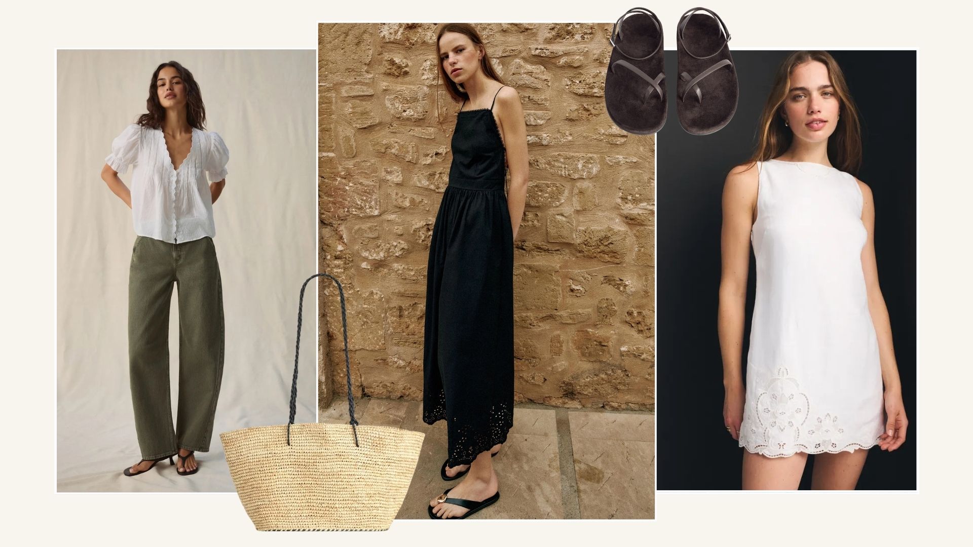 Woman wears white blouse, olive jeans; woman wears black dress, black flip-flops; woman wears white lace mini dress