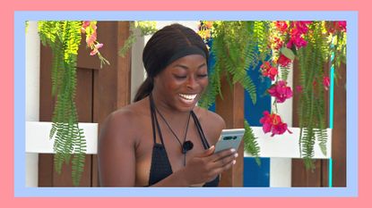 Catherine on Love Island looking at her phone, with a pink and blue border around the image
