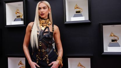 Dua Lipa Grammys bondage Versace