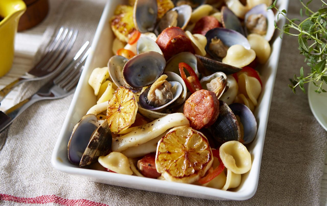 Little ears pasta with squid, clams, chorizo and chilli