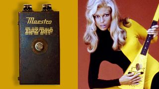 LEFT: Front image of a 1966 Gibson Maestro Fuzz Tone FZ-1A. RIGHT: American Singer Nancy Sinatra poses in 1968