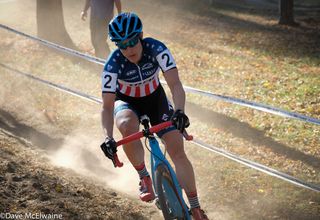 Katie Compton (Trek Panache) riding an off-camber dusty section of the course