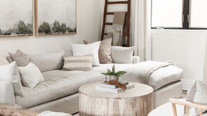 A living room with pale grey sofa, landscape wall paintings, tree trunk coffee table and dark wooden ladder feature