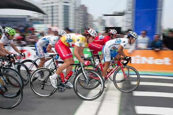 Race leader Adam Phelan (Drapac) on the streets of Taipei City.