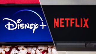 (L to R) the Disney Plus logo on a phone screen and the Netflix logo on a TV
