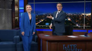 Taylor Tomlinson and Stephen Colbert on Late Show