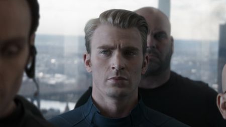 Captain America without his mask in the elevator scene of Avengers: Endgame. 