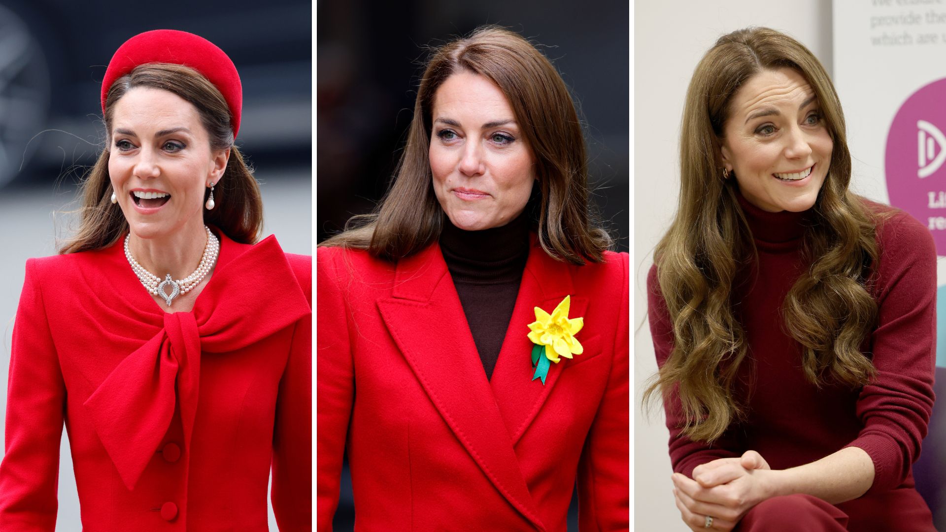 Složte tři obrázky princezny z Walesu na sobě červenou v roce 2025