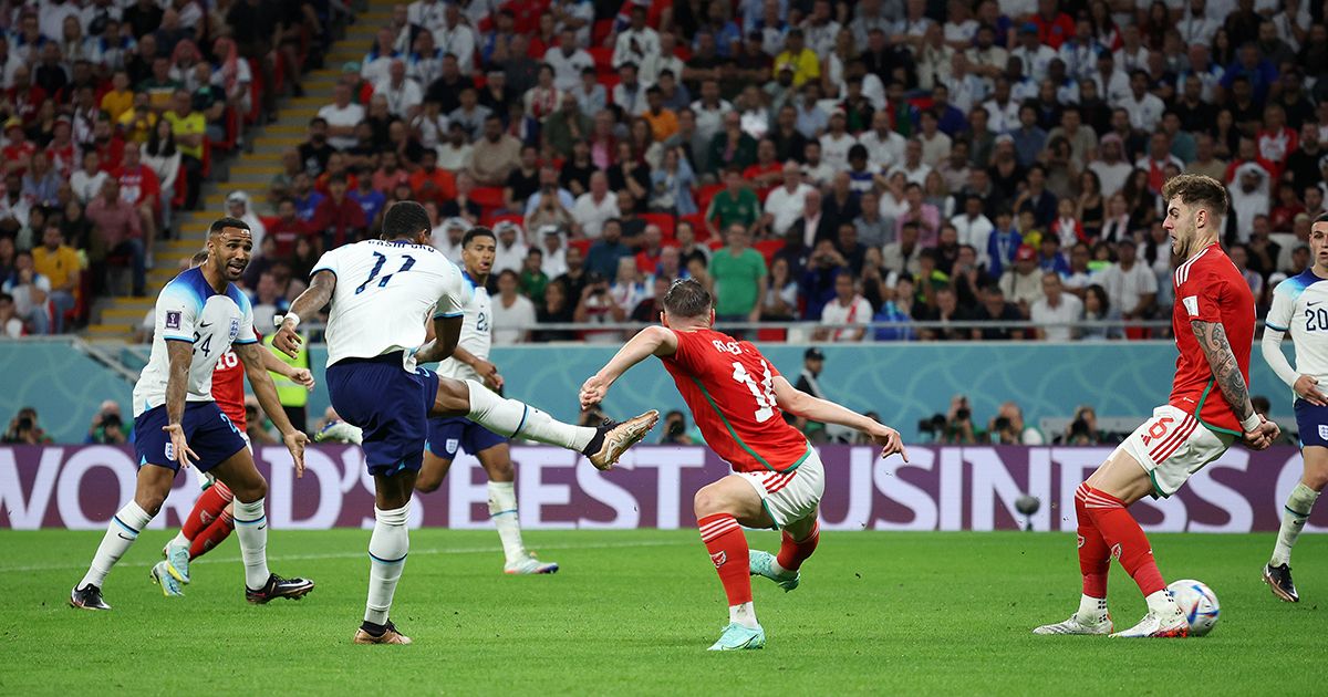 Marcus Rashford of England scores their team&#039;s third goal during the FIFA World Cup Qatar 2022 Group B match between Wales and England at Ahmad Bin Ali Stadium on November 29, 2022 in Doha, Qatar.