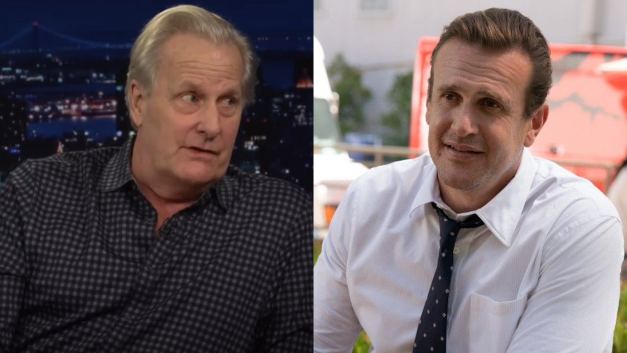 From left to right: a screenshot of Jeff Daniels on the Tonight Show and a press image of Jason Segel on Shrinking.