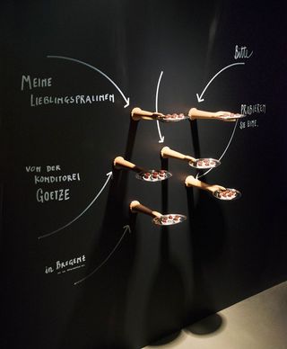 A black wall with model arms sticking out holding candies. White descriptions and arrows point to the hands