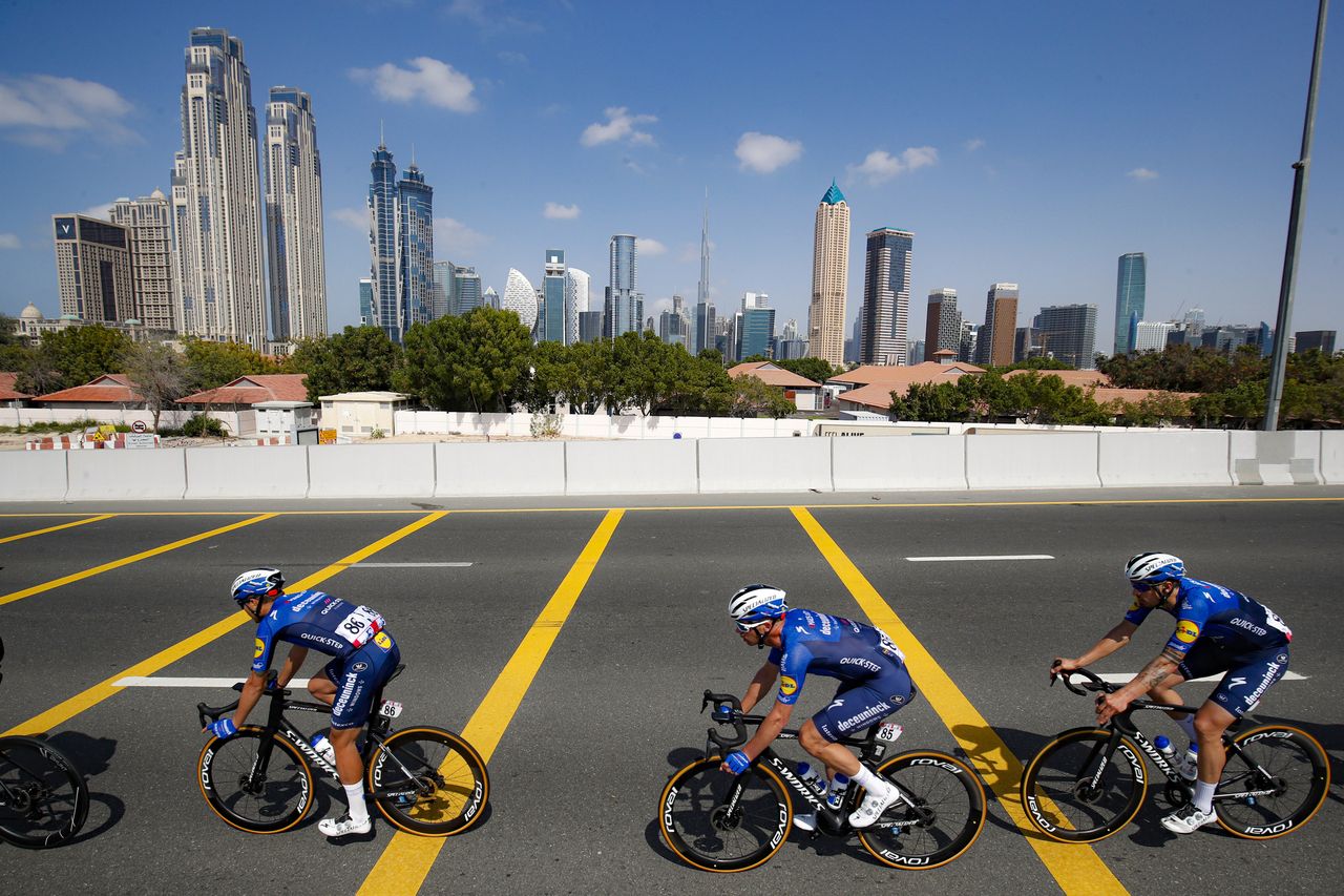 UAE Tour 2021 3rd Edition 6th stage Deira Island Palm Jumeirah 165 km 26022021 Deceuninck QuickStep Scenery Dubai photo Luca BettiniBettiniPhoto2021