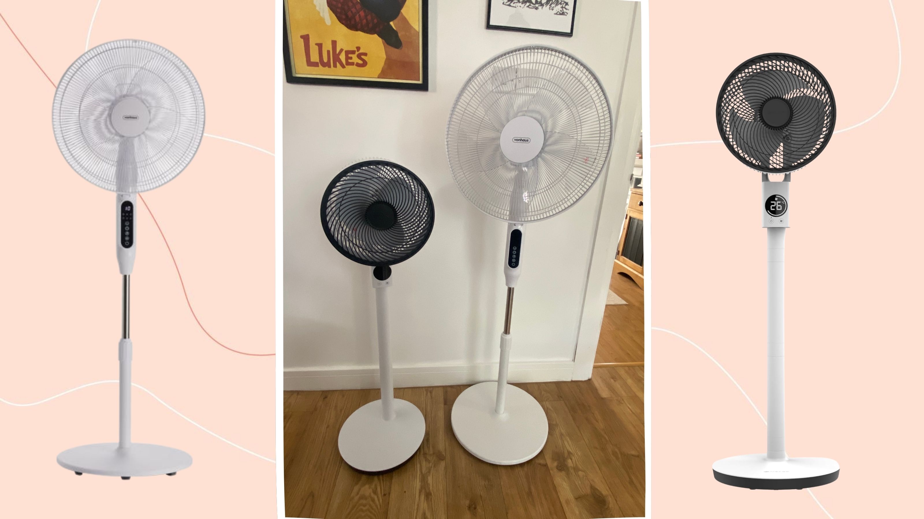 Vonhaus 16'' pedestal fan and Meaco Sefte pedestal air circulator cut outs on a peach background, with an image in the middle showing the two fans side by side in my kitchen diner 