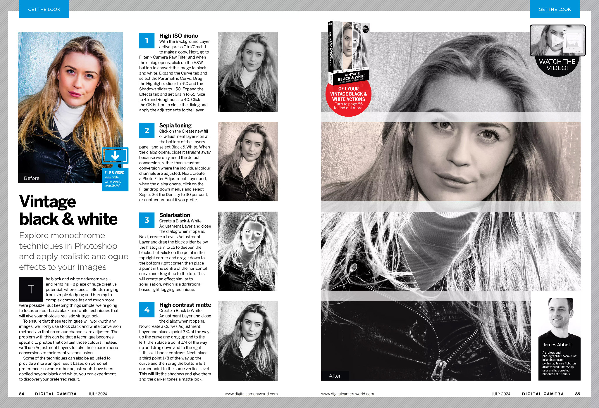 Image of the Get the Look tutorial, covering vintage black and white effects in Adobe Photoshop 2024, in the July 2024 issue of Digital Camera magazine