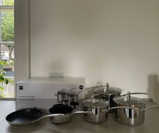 M&S Stainless Steel Pan Set on the counter