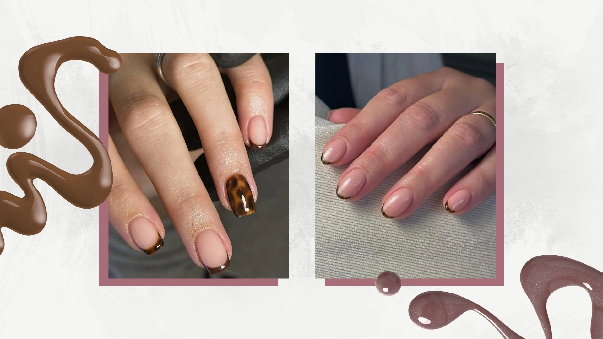 A collage featuring two hands with tortoiseshell nails by nail artist Fliss Alton/@gelsbyfliss/ in a grey and white template with two brown nail polish spills. 