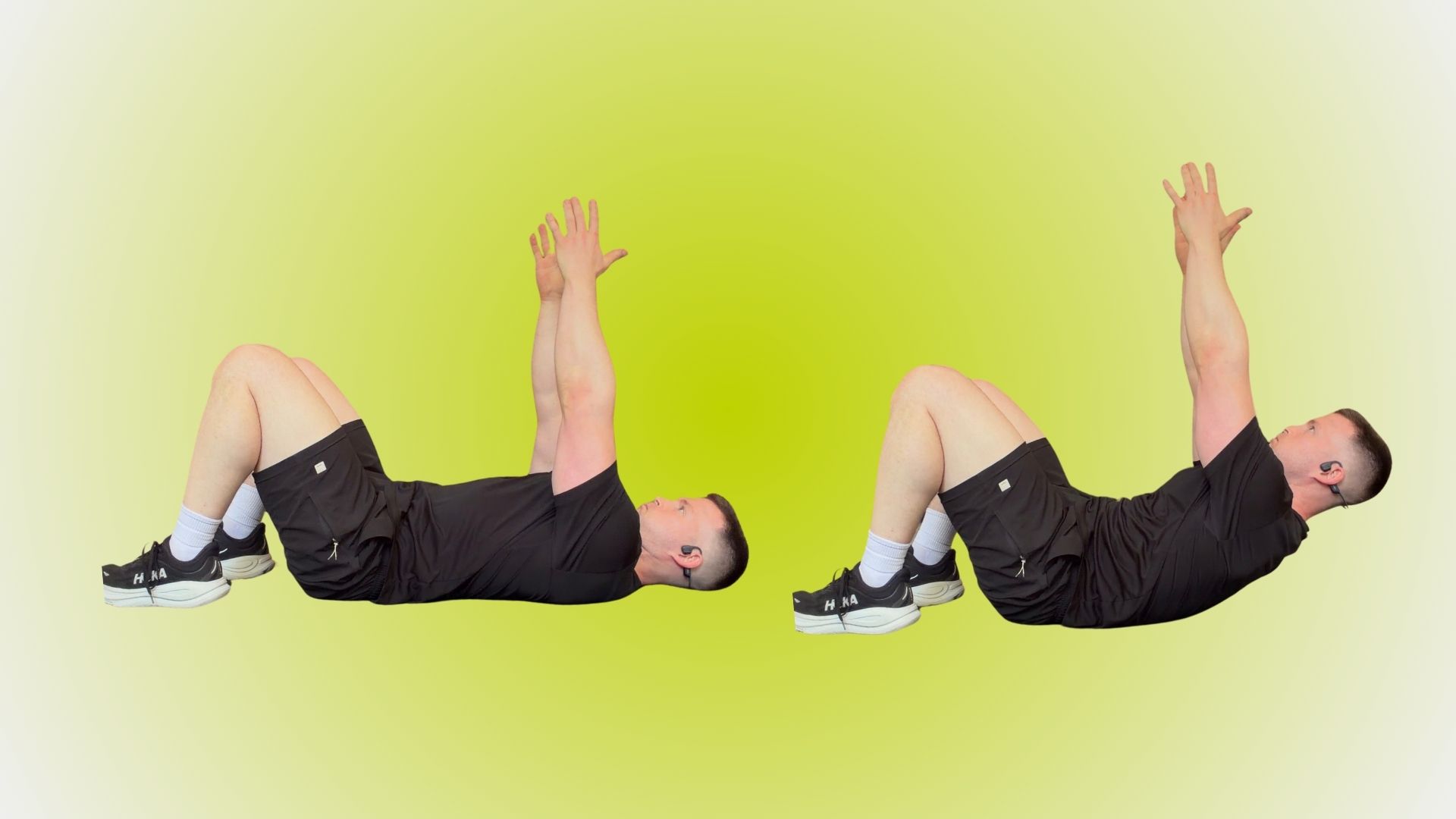 Man demonstrating two positions of an exercise against a green background