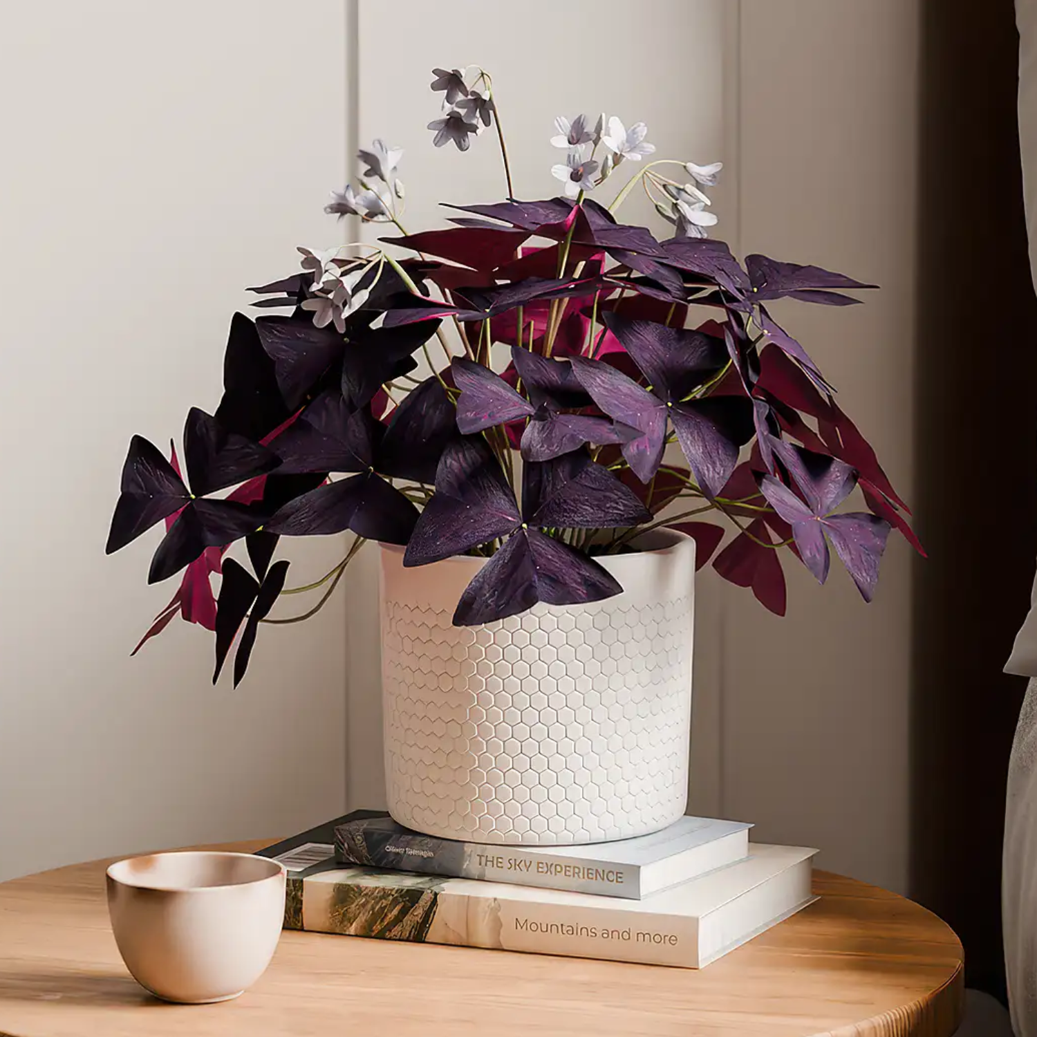A potted oxalis plant on a stack of books by a ceramic cup on a bedside table
