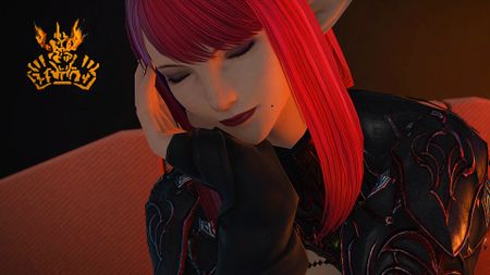 A Final Fantasy 14 raid boss with red hair closes her eyes and rests her head in her hand