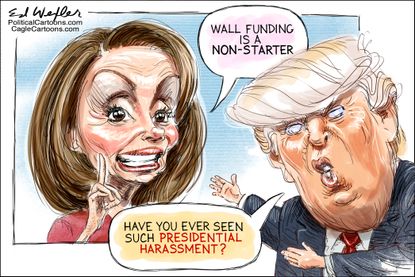 Political cartoon U.S. Trump Nancy Pelosi wall funding shutdown