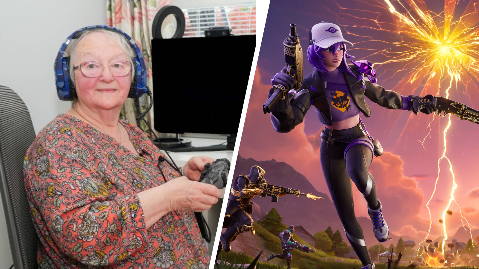 Cath Bowie, named the oldest female Fortnite streamer by Guinness World Records; a gun-toting character in Fortnite.