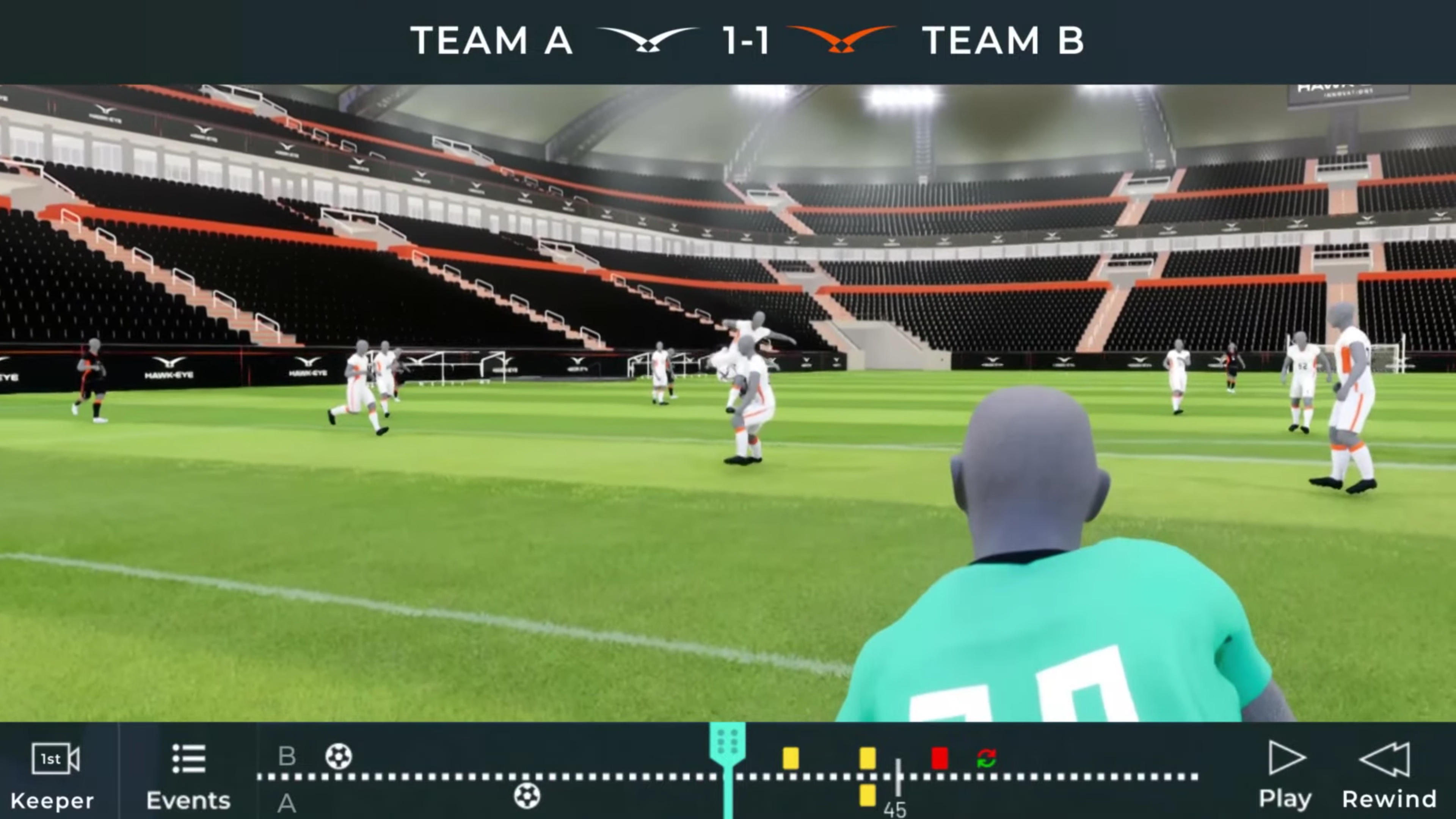Sony Skeletrack technology showing a soccer match from the goalkeeper's view