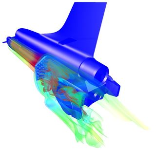 Stream surfaces capturing the complex flow downstream of the Bloodhound as airbrakes deployed
