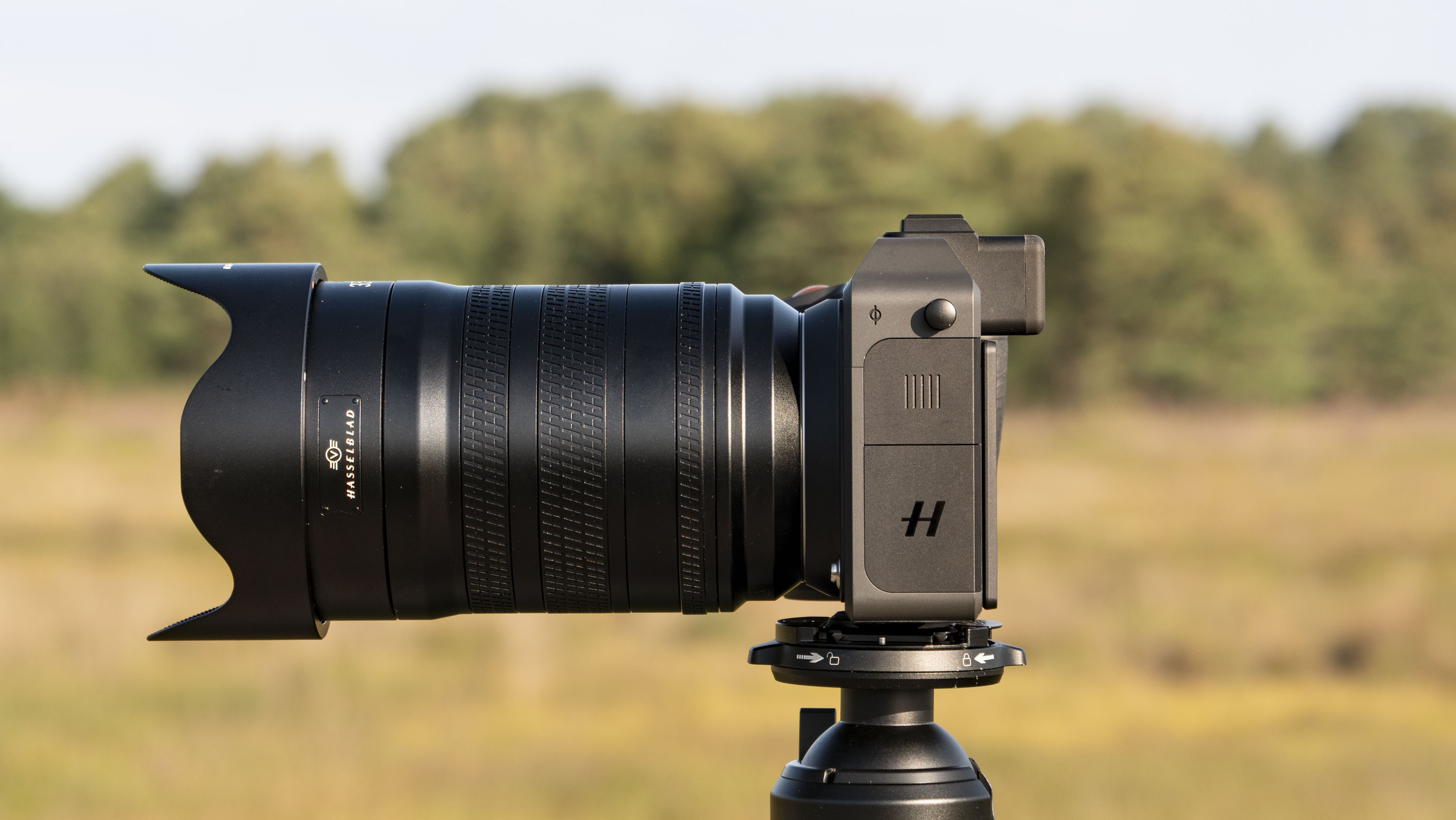 Hasselblad X2D II 100C camera outdoors at first light, side profile