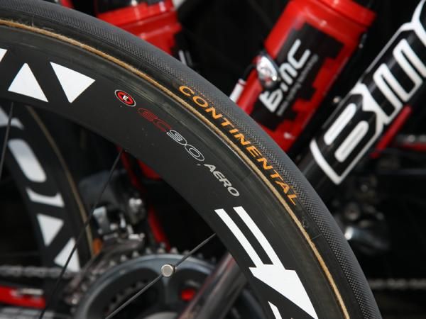 Diamond-treaded Continental tubulars are wrapped around Easton EC90 SL carbon wheels on George Hincapie's (BMC) bike.