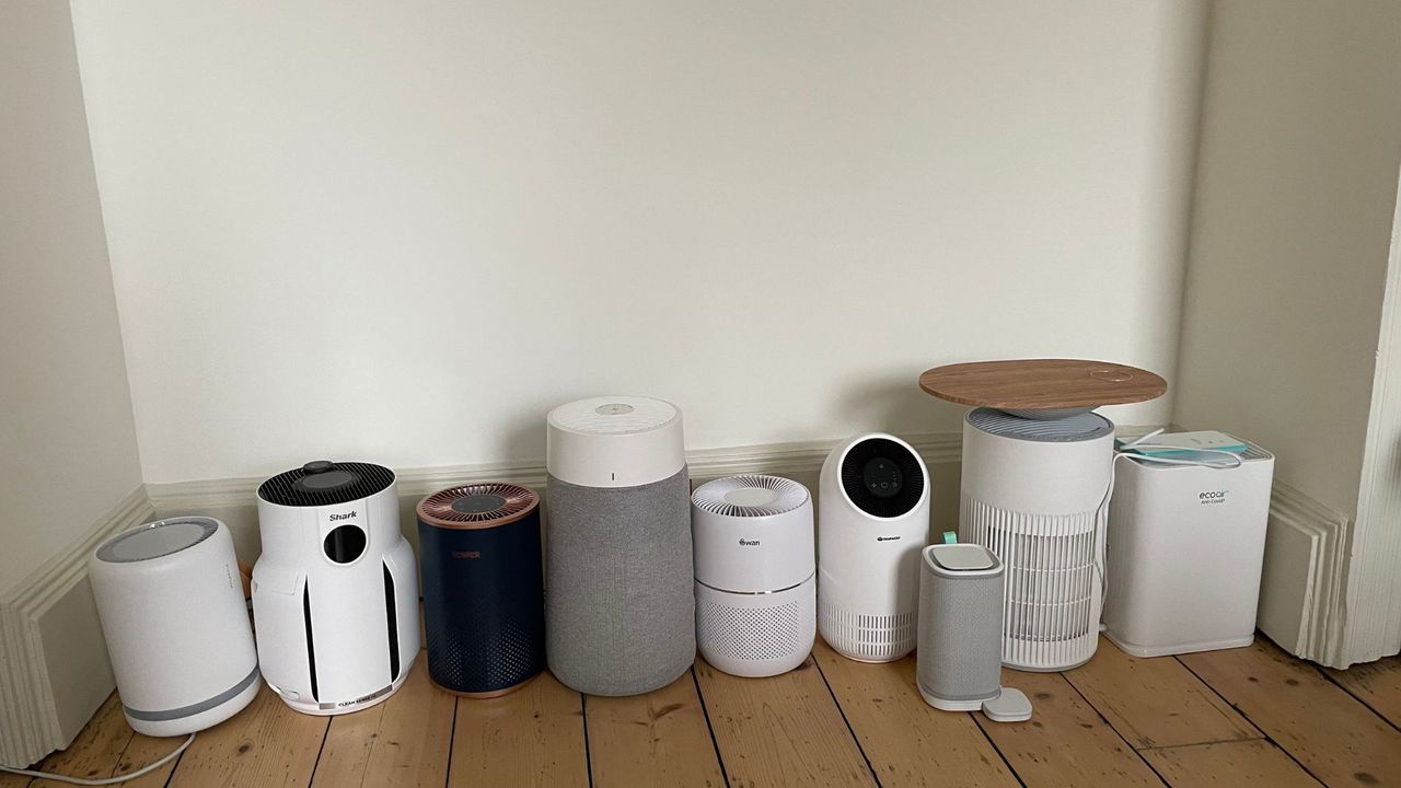 How we test air purifiers: all the air purifiers that I tested lined up on the floor