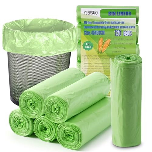 Bin Bags Liner, 120 Pcs Biodegradable Food Waste Bags 10 L, Compostable Compost Caddy Liners Small, Recycled Degradable Rubbish Garbage Trash Bags for Kitchen, Office, 45 X 50 Cm, Green