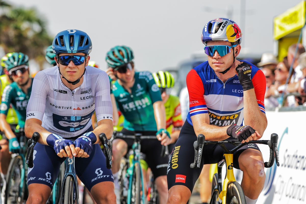 Picture by Alex Whitehead/SWpix.com - 08/09/2023 - Cycling - 2023 Tour of Britain - Stage 6: Southend-on-Sea to Harlow (146.2km) - Wout van Aert of Team Jumbo Visma (Wearing the Leaders Jersey), Casper van Uden of Team DSM Firmenich