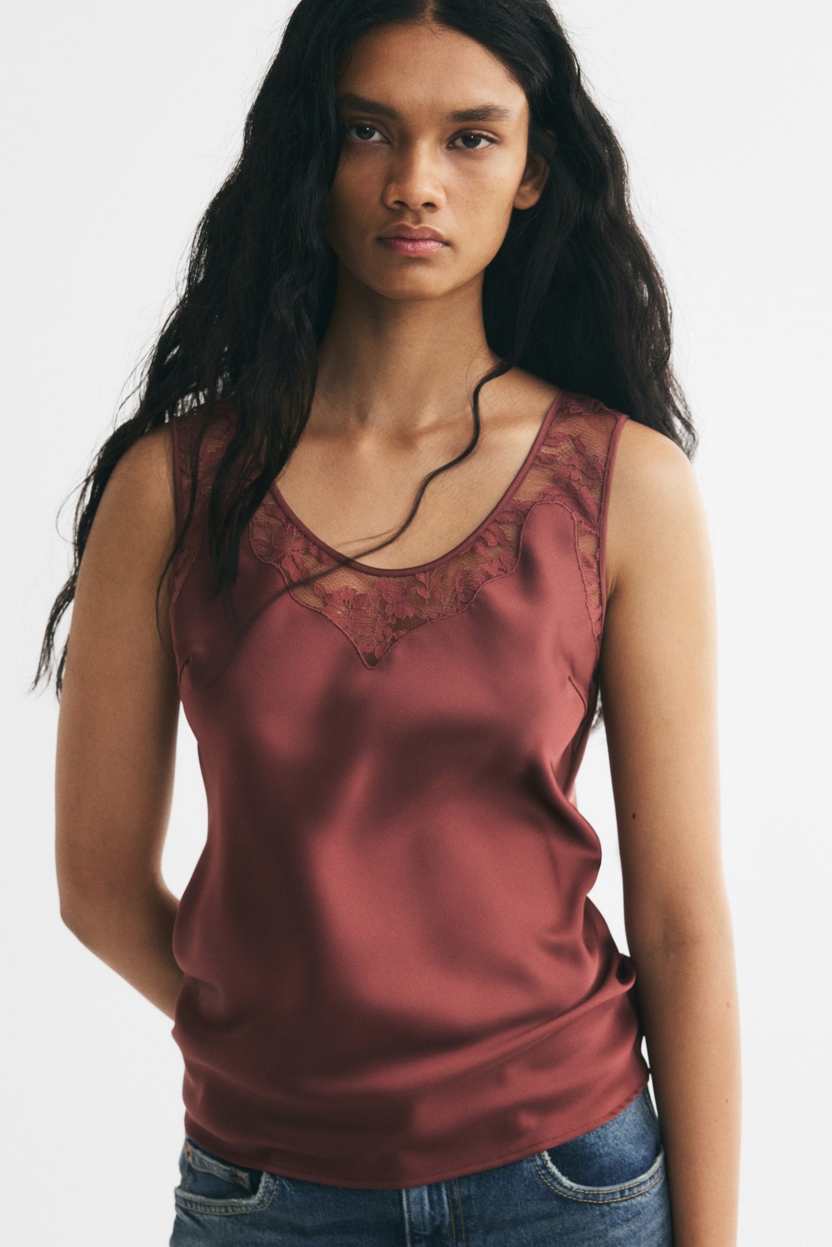 Lace-Inset Satin Top
